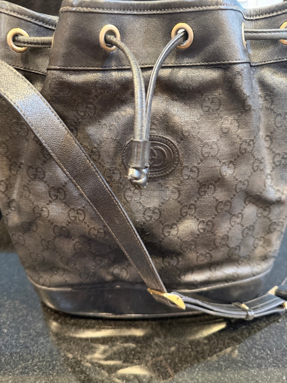 Gucci VINTAGE Black GG Supreme Drawstring Bucket Bag